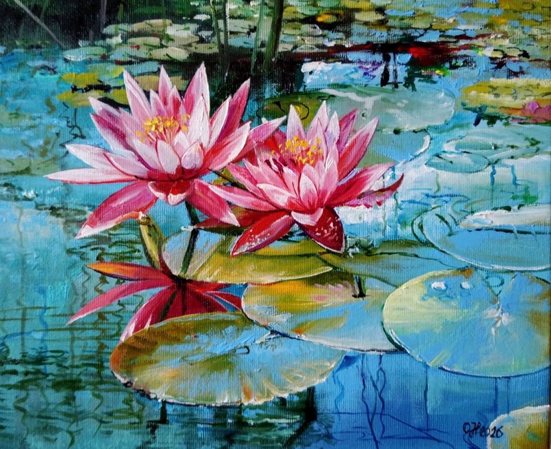 Original Oil Painting Pink Water Lilies Pond Floral Wall Art 25×30 cm