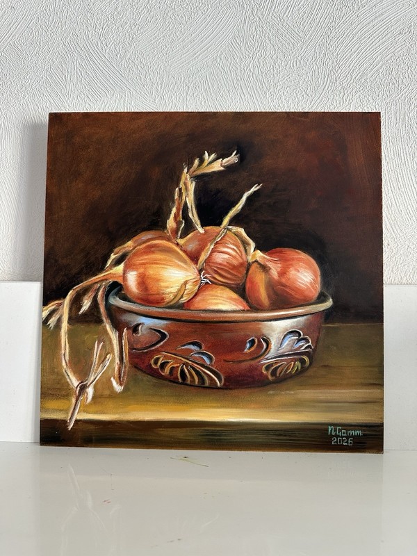 original oil painting Onions In Bowl 30x30cm rural still life Wall Art Gift gallery