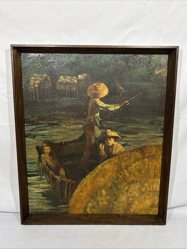 Vintage Original S. Rubin Thai Painting «Fishing Village Siam» Thailand Signed