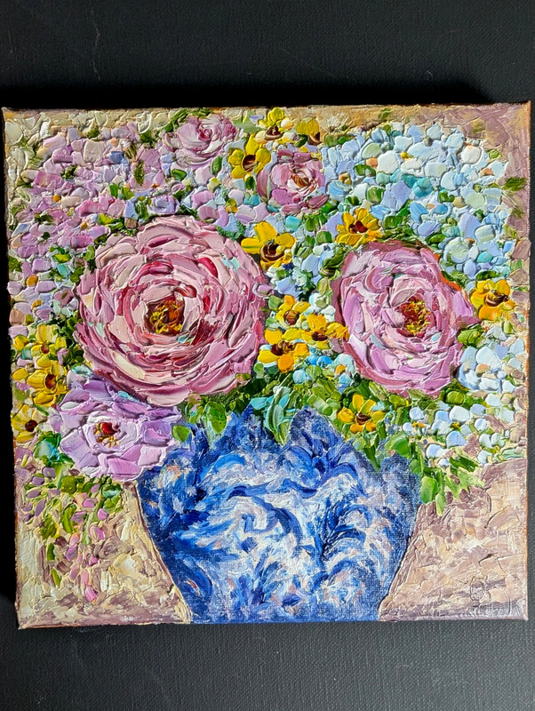 Peony and Hydrangea ORIGINAL Painting OIL impasto 8"x8"by Olga Diduh. gallery