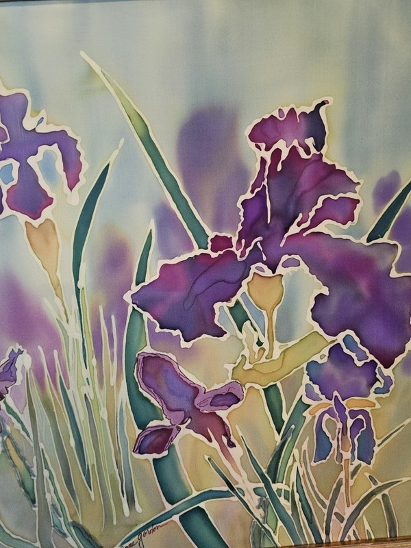 Signed Original Ink on Silk Painting- Irises on Silk by Anne Gordon- Framed gallery