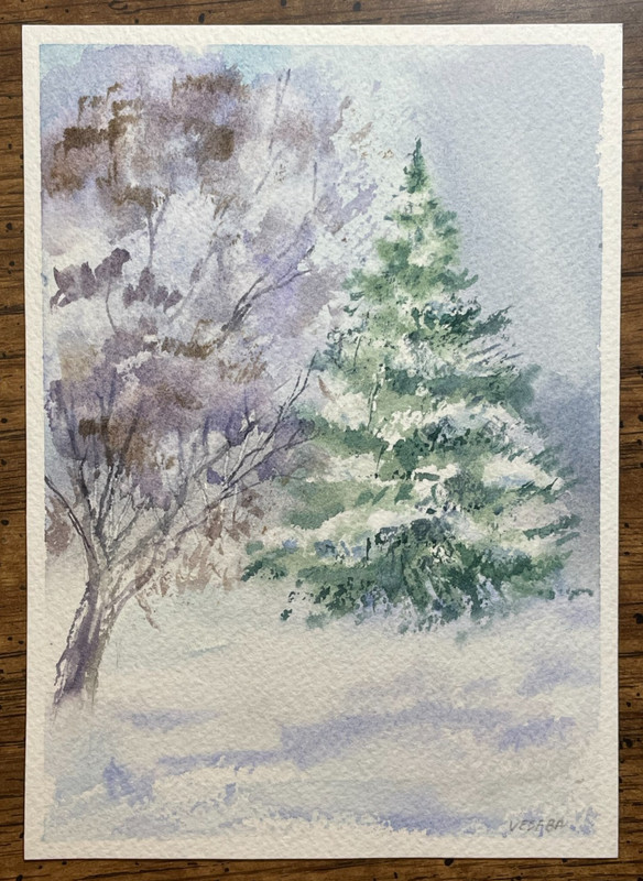 Original Watercolor Painting Landscape Nature Winter Snow – 5×7 in – NEW