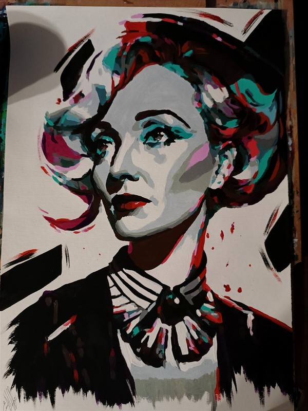 Acrylic poster portrait of young Marlene Dietrich, pop art style, handmade