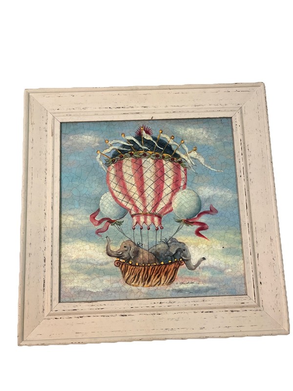 Framed Hot Air Balloon Print Elephants A. Churchill Nursery Baby Cottage Cream