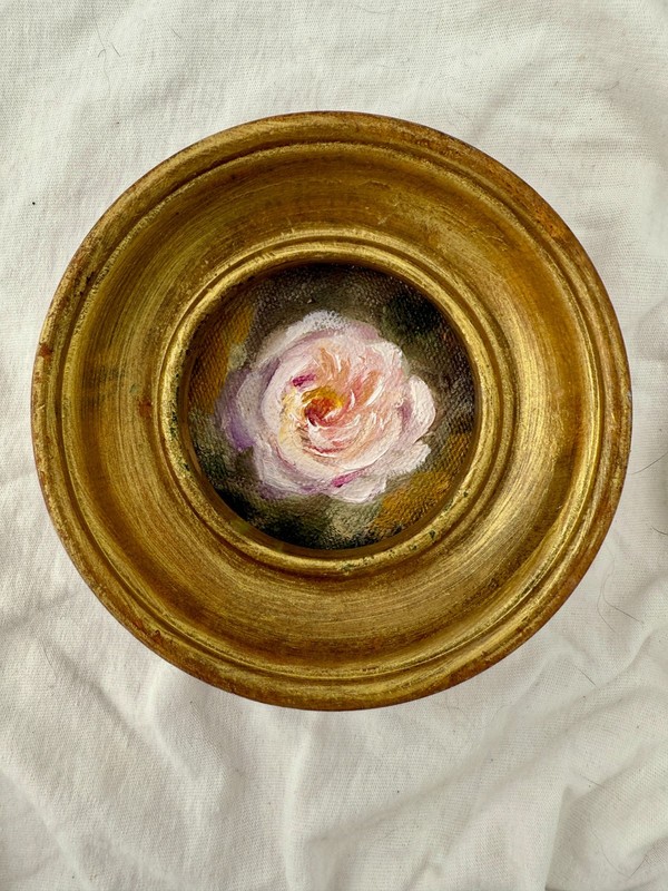 Romantic Pink Rose Miniature Oil Painting in Vintage Gold Frame – Flower Art
