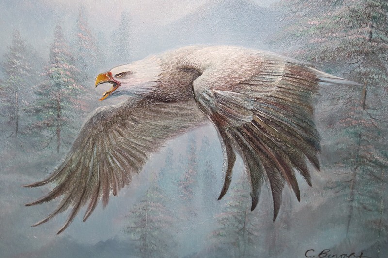 Raised Relief 3D Oil Canvas Eagle in Flight Signed C. Benolt Listed Art 20"x24" gallery