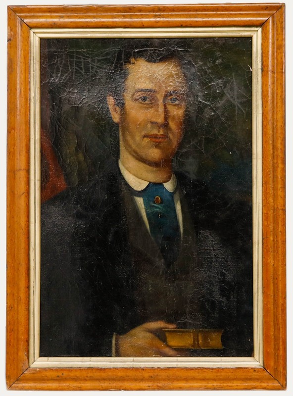 Folk Art Late 19th Century Oil – Portrait of a Gentleman with a Book