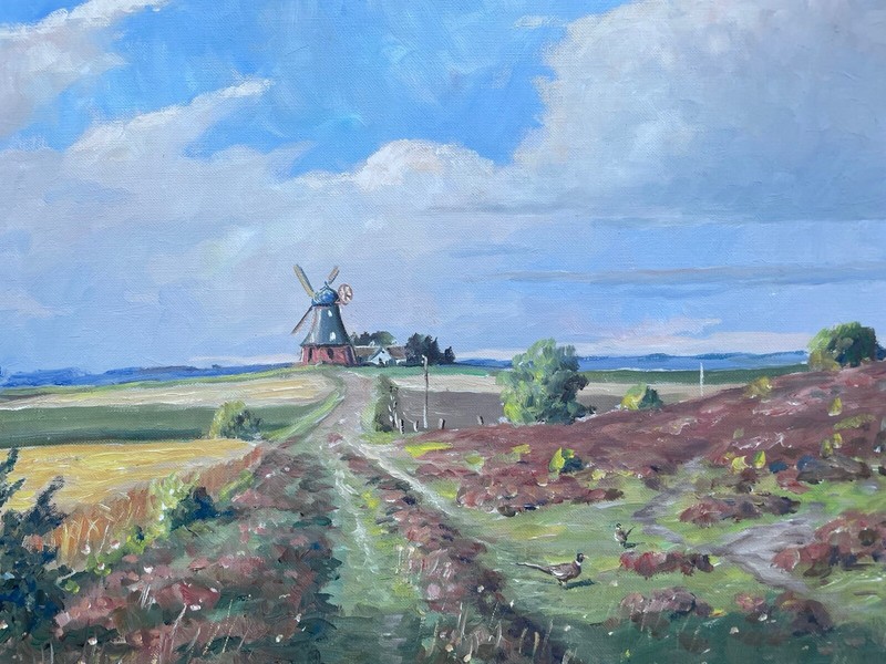 Naturalist Summer Coastal Landscape with Windmill Oil Painting A Lützen Signed gallery