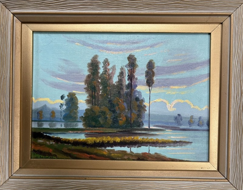 Vintage Landscape Painting Marsh Coastal Lake Mountain River Signed Pair gallery