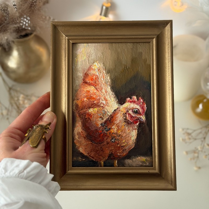 Red Hen Original Oil painting, Rustic Wall Decor, Framed bird wall art, Farm art