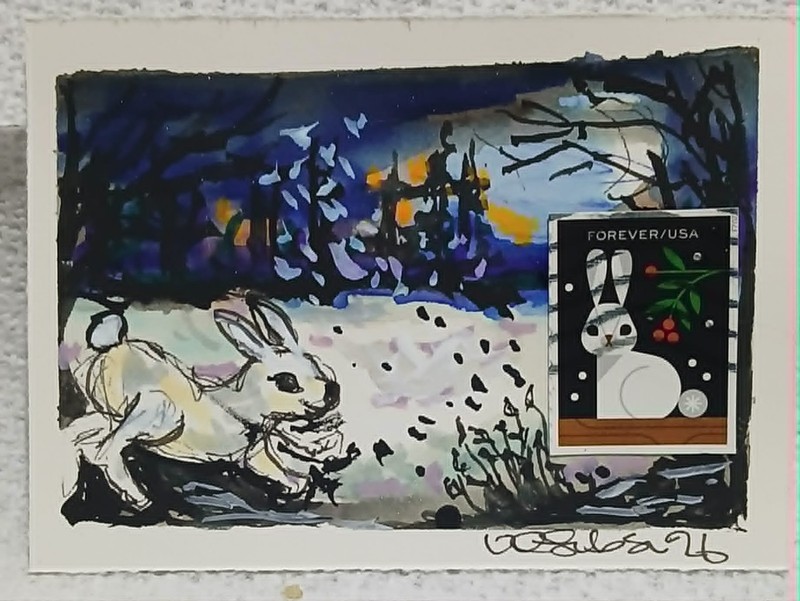Postal Whimsy OOAK ACEO – Rabbits at Half‑Moon Snowfall – Forever Rabbit Stamp