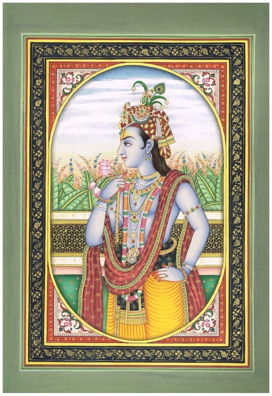 Hand Miniature Painting Of Lord Krishna Gouache Pigments On Paper 13×18 Inches