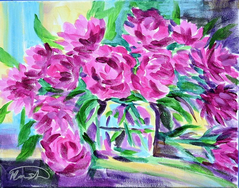 Original 11x14 Impressionism Peonies Floral Abstract Acrylic Canvas Signed Deco gallery