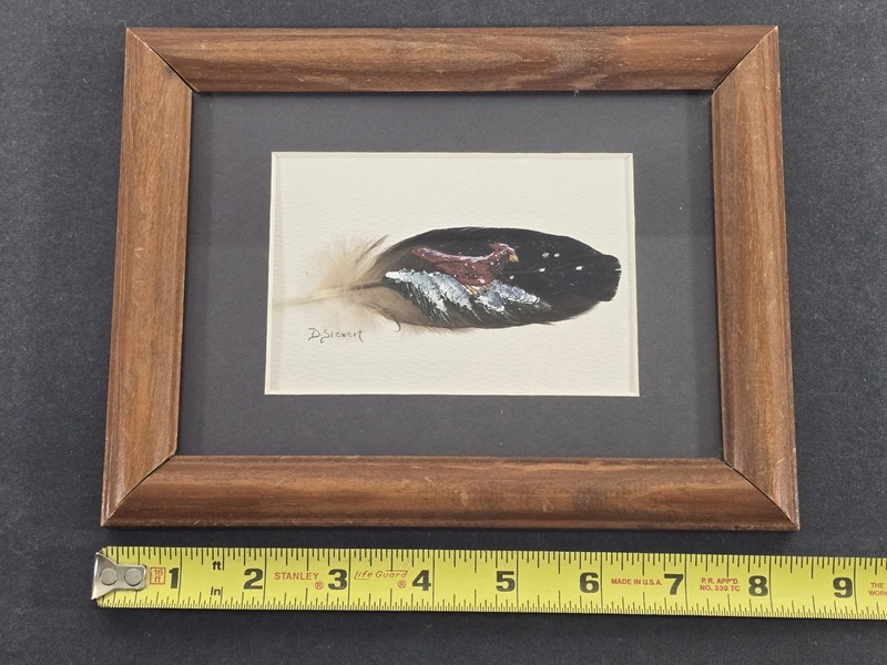 Vintage Hand Painted Framed Real Painted On Feather Art Signed - Snow Cardinal gallery