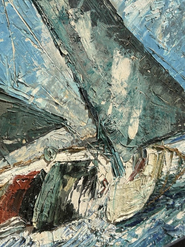 MCM Original Oil On Canvas Painting Impasto 23x29” Sailboat Framed Wall Art gallery