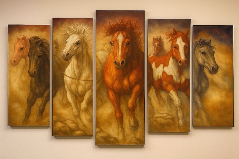 Original Hand Painted 5 Panel Horse Canvas Art 3ft x 8ft Equestrian Wall Decor