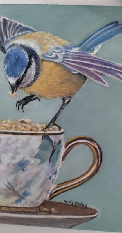 Original Expressive Tea Time Bird #1 14 x 11 Matted Pastel Painting gallery