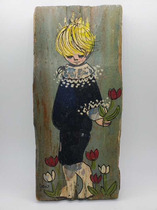 Vintage Blonde Child Tulips Painted On Wood Retro Art Decor 1970s Kitsch