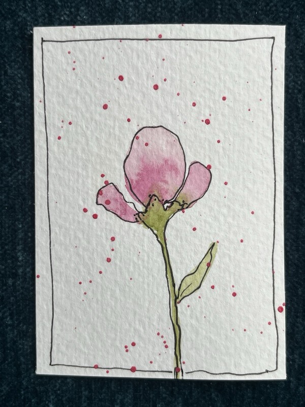 ACEO 2.5×3.5 Hand Painted Pen and Watercolor Flower
