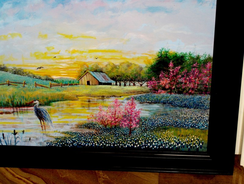 LARGE ORIGINAL Bluebonnet Landscape Barn Fence Heron Pond Blooming Tree Painting