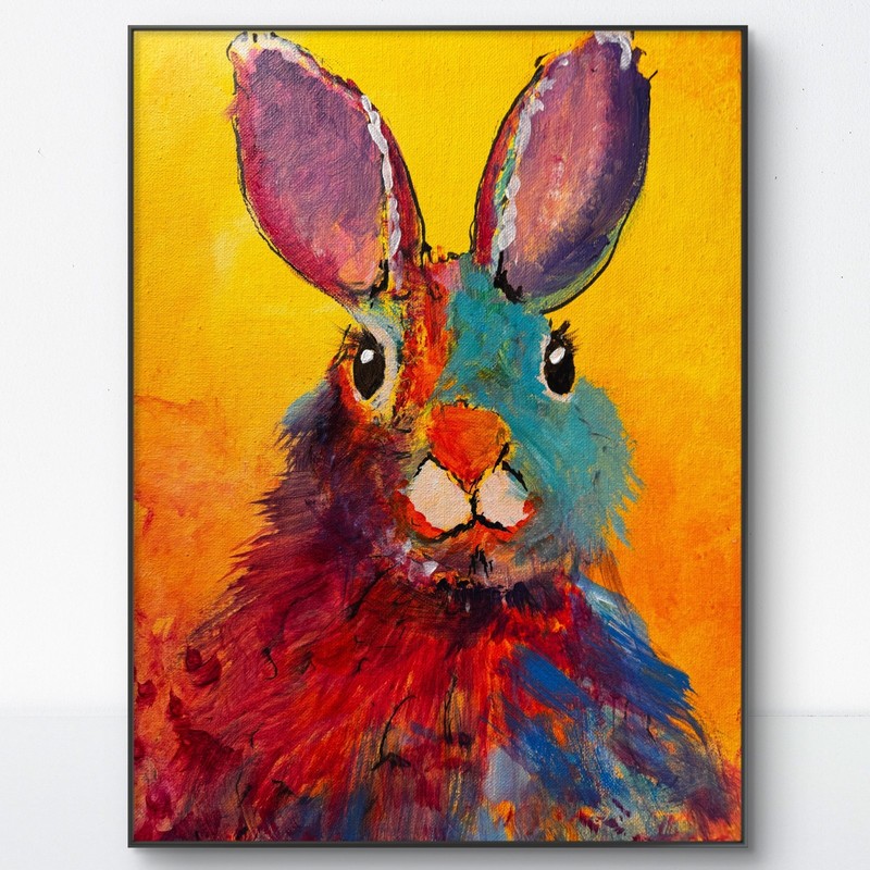 Original Abstract Expressionism 12×16 Bright Rabbit Handmade Signed Colorful