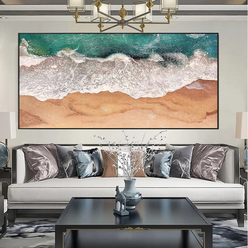 Modern Hand Painted Abstract Seascape Canvas Oil Painting Ocean Beach Coastal