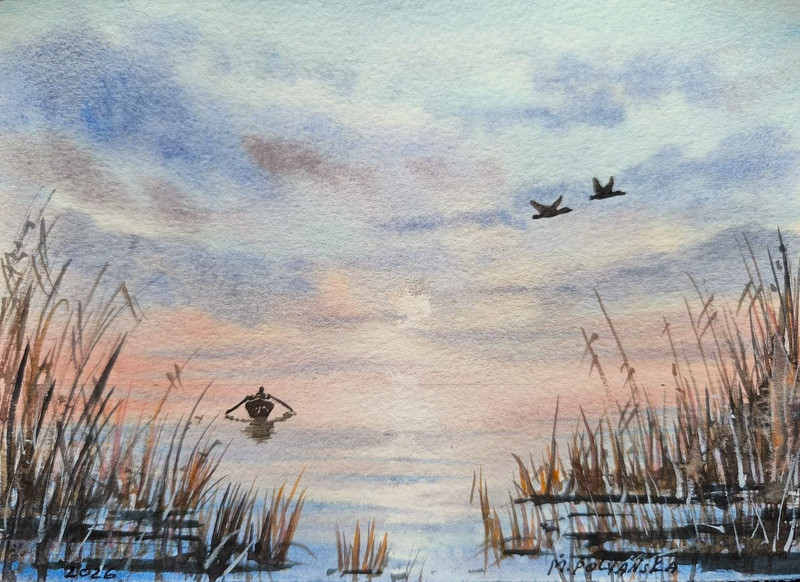 LONELY FISHERMAN BOAT Original Painting Artwork Landscape DUCKS Seascape Gift A5