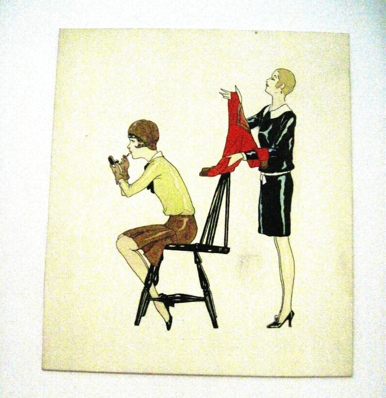 Lovely Original Art Piece w/Two Ladies-Putting on Lipstick & Holding Red Scarf *