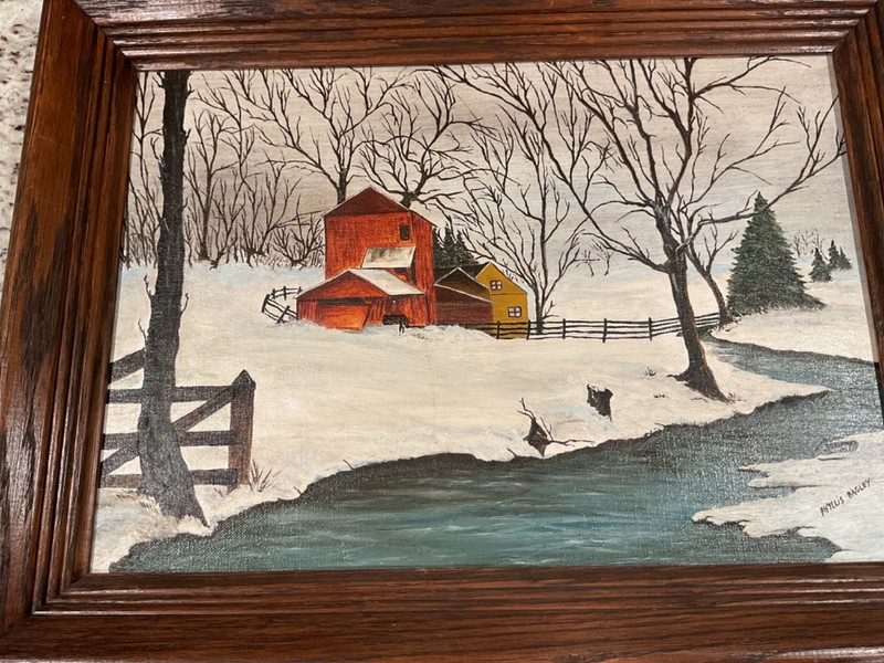 Phyllis Bagley Original Oil...Winter Barn...Frame d 15/12 inches...Signed gallery