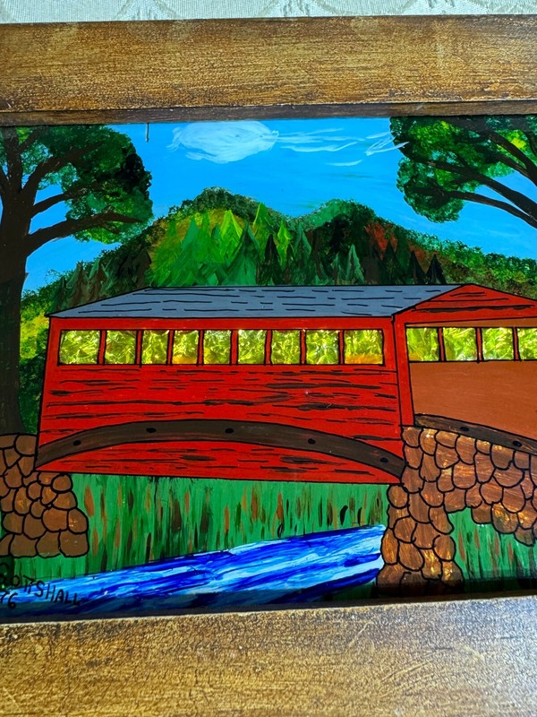 David W Gottshall (1942 - 2016) Folk Art Reverse Oil Foil Art "Covered Bridge" gallery