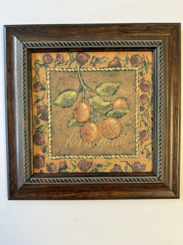 Vintage Framed Still Life Painting Oranges Pomegranates Signed Rebecca Folk Art