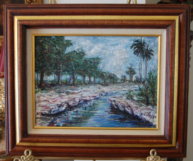 FRAMED SIGNED ORIGINAL OIL RIVER & PALMS CUBAN COUNTRY SCENE ARTIST: HECTO VIDAL