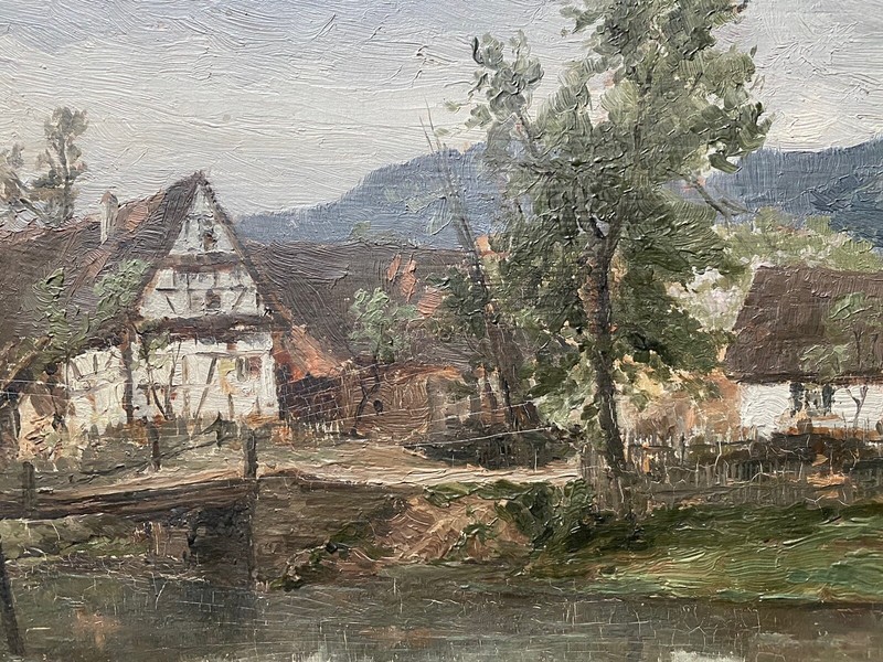 Impressionist Oil Painting Home on the Shore Timber Frame Bridge Signed Monogram gallery