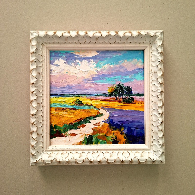 Texas Field Sunset Oil Painting: Impasto Sunrise, 3D Art Unramed 6×6