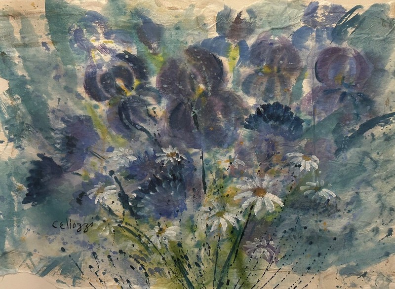 1972 FRANCES CELLOZZI Garden Flowers Watercolor Institute of American Art