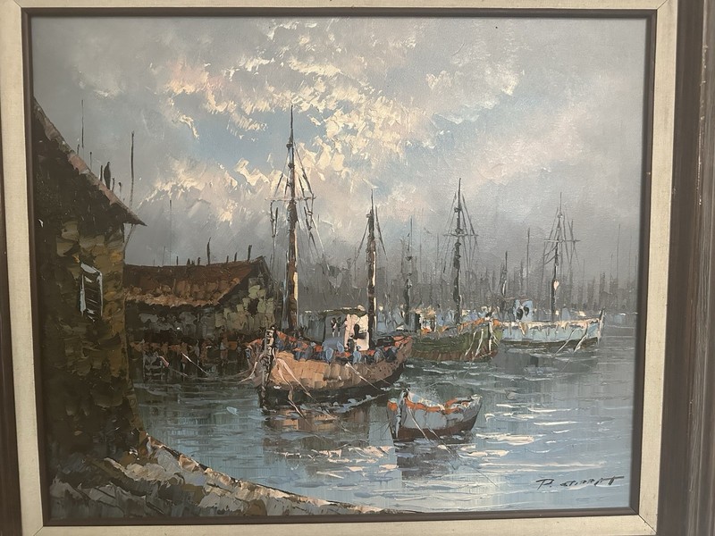 Vintage Paolo Stirrat Oil Painting of Fishing Boats Dock Harbor Nautical, Signed gallery