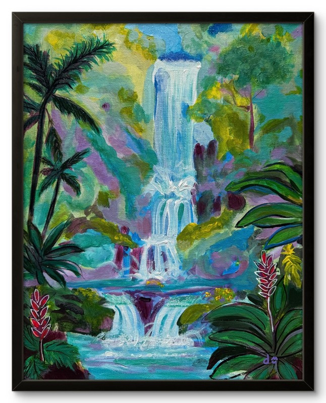 Tropical Waterfall Painting Rainforest Landscape Wall Art Original 11×14 CV