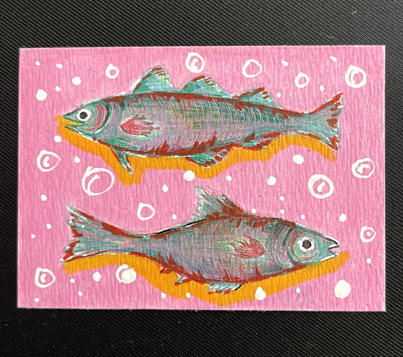 ACEO Original, Abstract Animal Whimsy Fish, Mini Art Painting, by Annibbie