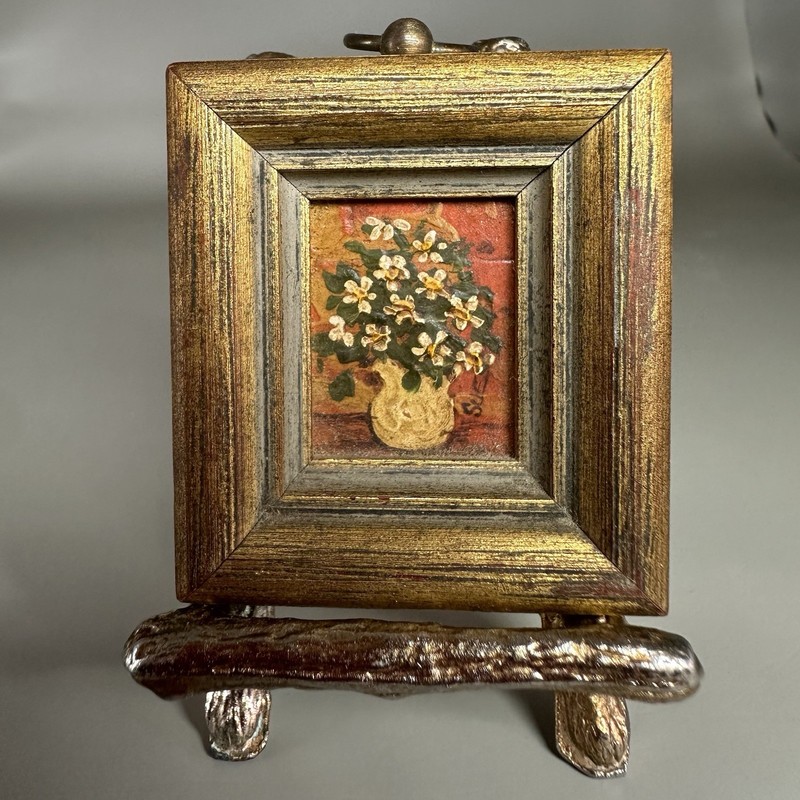 Vtg Sue McCoy Signed Floral Miniature Impasto Giltwood Faux Bamboo Brass Easel