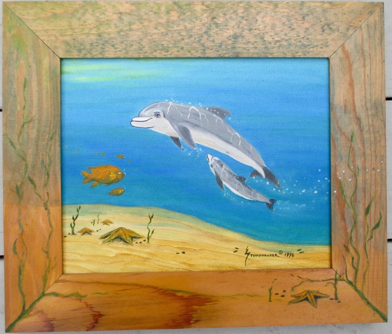 DOLPHIN MOTHER and CALF ORIGINAL OIL PAINTING ANIMALS BY COLLECTED ARTIST FRAMED