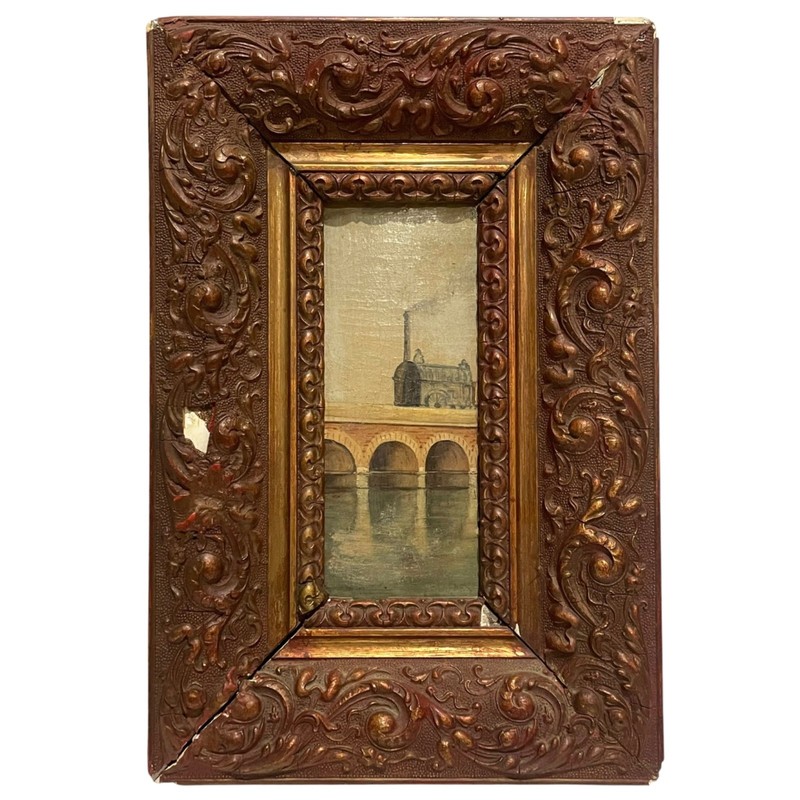 Antique 1900s French Impressionism Train Landscape Oil Painting Gesso Frame