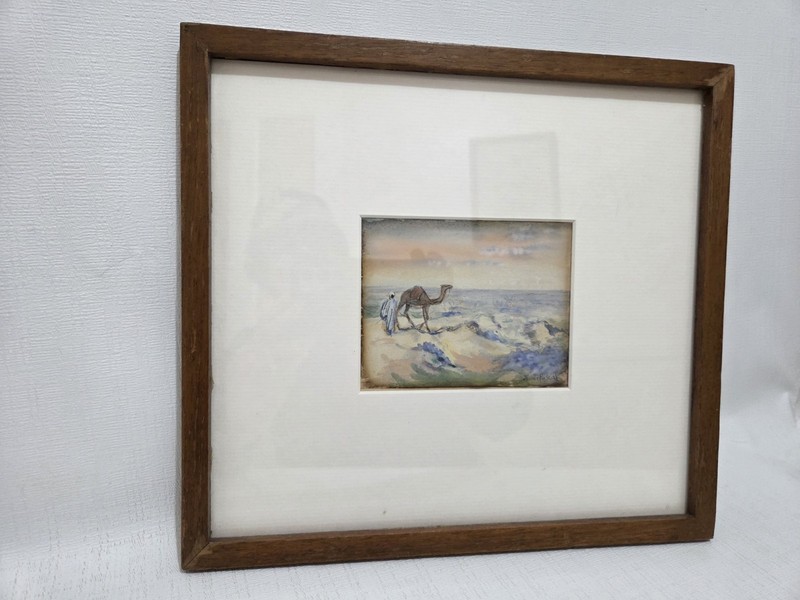 Antique Painting Jeanne Pascal Camel Desert Africa Algeria Signed Framed w/c