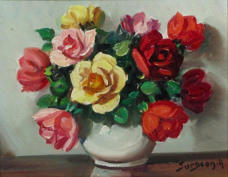 Vintage French Oil Painting, Bouquet of Flowers in a Vase, Roses, Signed Surgeon gallery