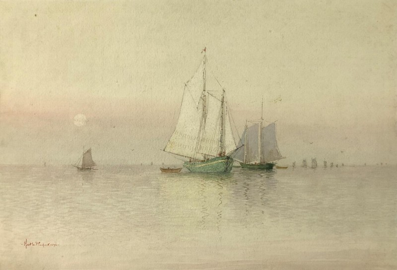 PAINTING Watercolor ~ LARGE SAILBOAT SEASCAPE ~ 1898 Date LISTED AMERICAN ARTIST