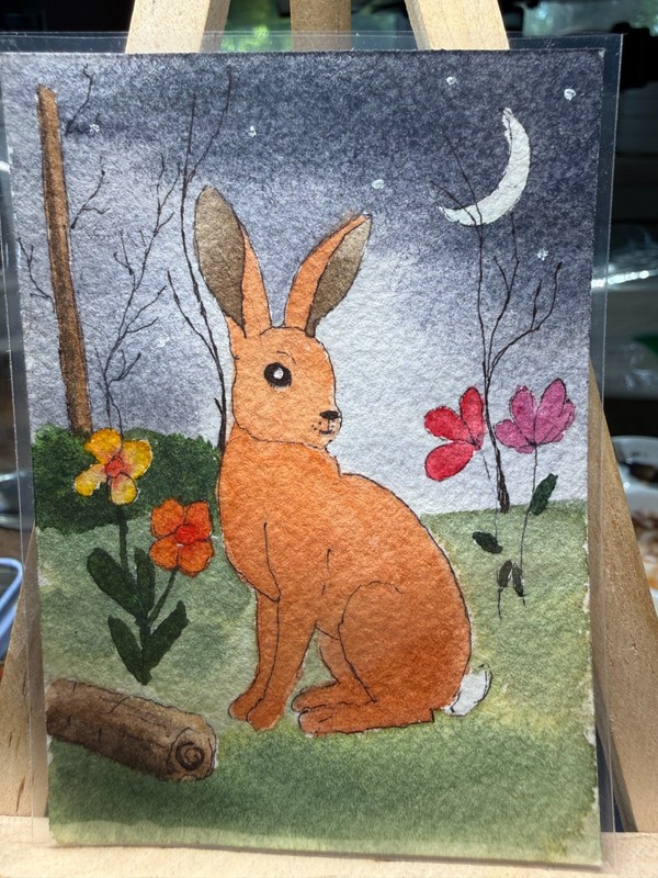 ACEO Original OOAK Signed (Not a Print) «Dawn» Rabbit in Forest Flowers and moon