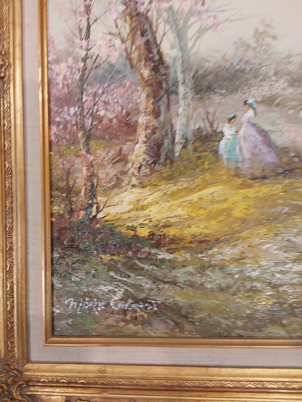 Marie Charlot Original Oil On Canvas Victorian-style Mother & Daughter 14" x 26" gallery