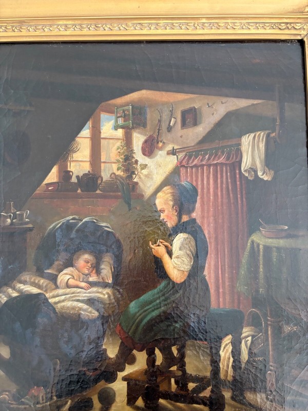 Young Girl w.Baby. Old Oil Painting on Board / 21″x 24″Framed/ 15″x 18″Painting