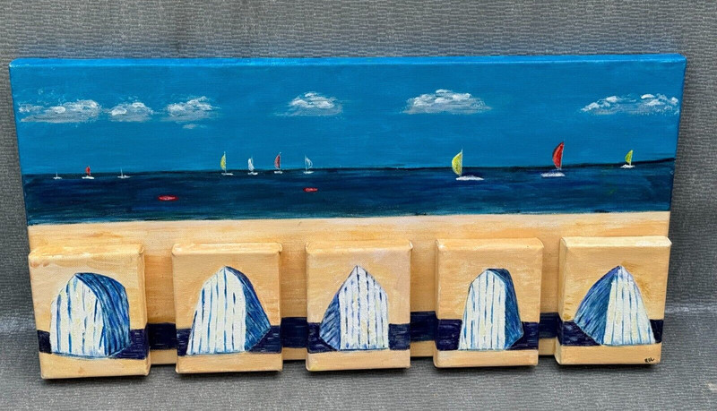 ROL 3D Multi Canvas Beach Seascape Painting Cabanas Sailboats Collage 3-D Ocean