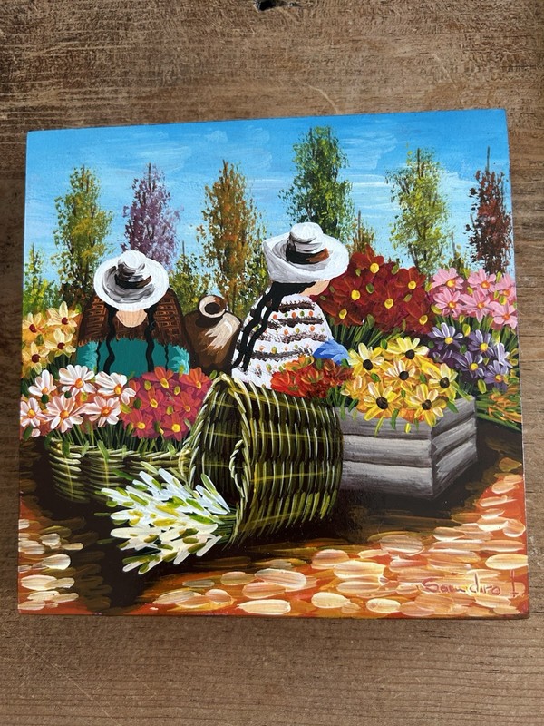 Original Peruvian Folk Art Oil Painting On Board Artist Signed Sandro Lopez