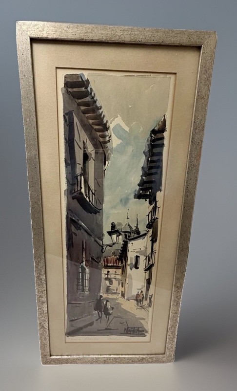 Manuel Vicente Mora Art OOAK Watercolor Walking Town MCM Moody VTG Framed 24″